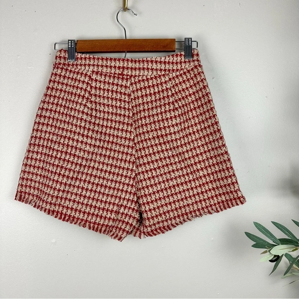 Women Modern Surplice Tweed Textured Mini Skort Houndstooth Skirt Red